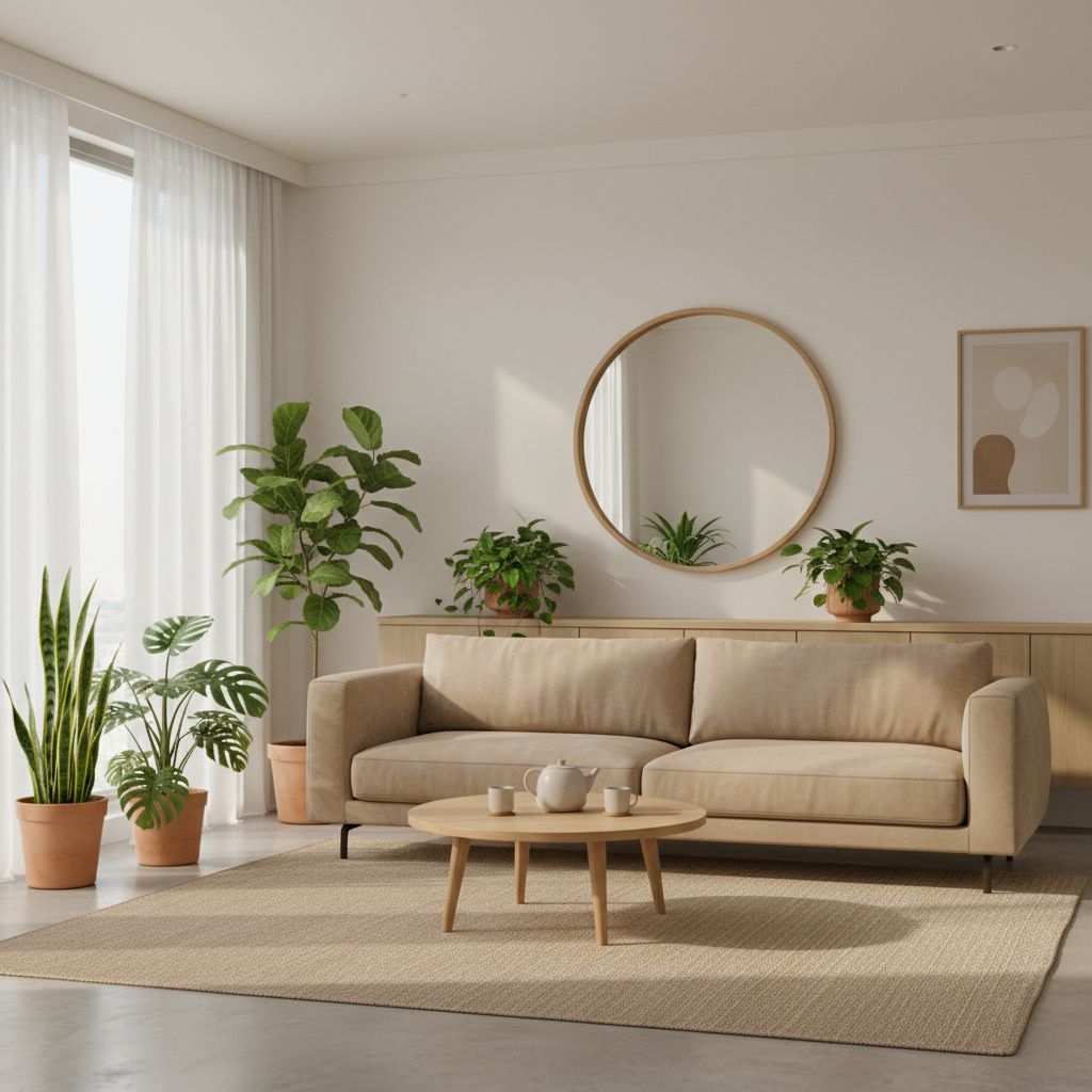 Exemple d'une décoration intérieure réussie : un salon baigné de lumière où un canapé beige, des plantes et des notes de bois clair créent une atmosphère douce et harmonieuse.
