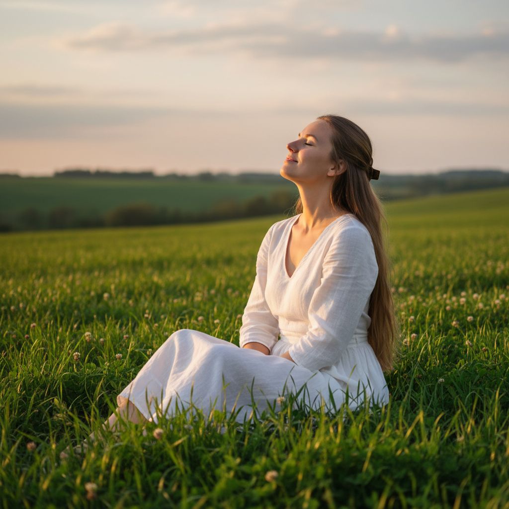 Une femme assise dans un champ verdoyant, les yeux fermés, prenant une grande et profonde inspiration, le soleil éclairant doucement son visage. L'image évoque la sérénité et la liberté de respirer.