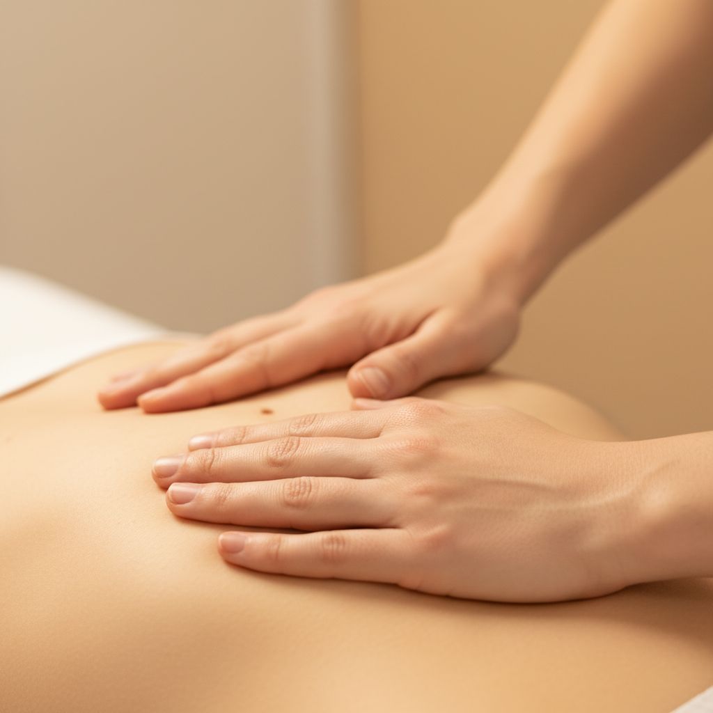 Des mains d'ostéopathe posées avec douceur sur la zone du plexus solaire d'un patient. L'éclairage est doux, l'ambiance est calme et professionnelle.