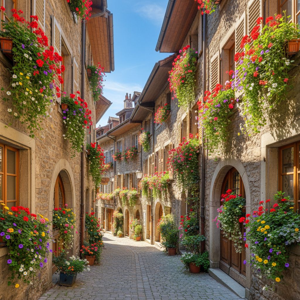 Une vue paisible et ensoleillée d'une ruelle historique de Fribourg, avec des fleurs aux fenêtres, évoquant le calme au sein de la ville.