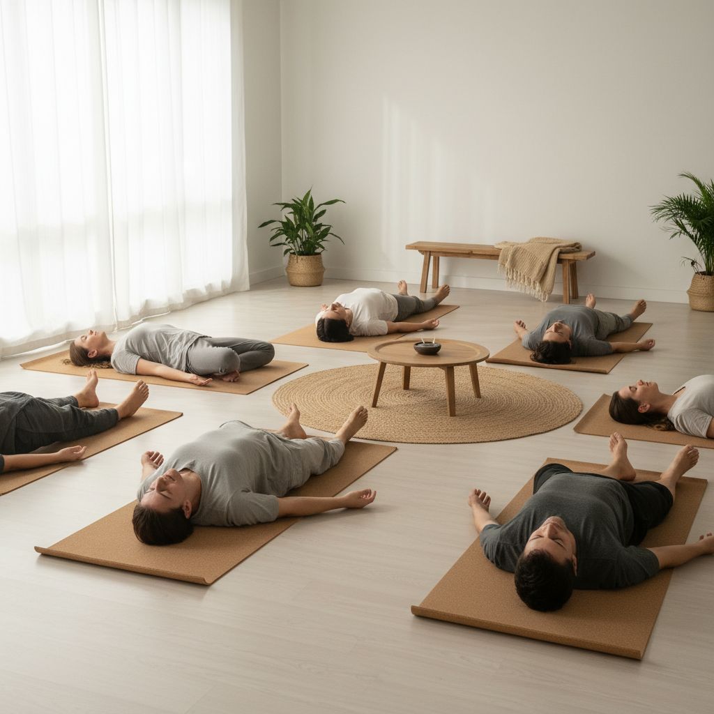 Un groupe de personnes pratiquant le yoga dans une salle lumineuse et sereine, montrant une posture de relaxation.