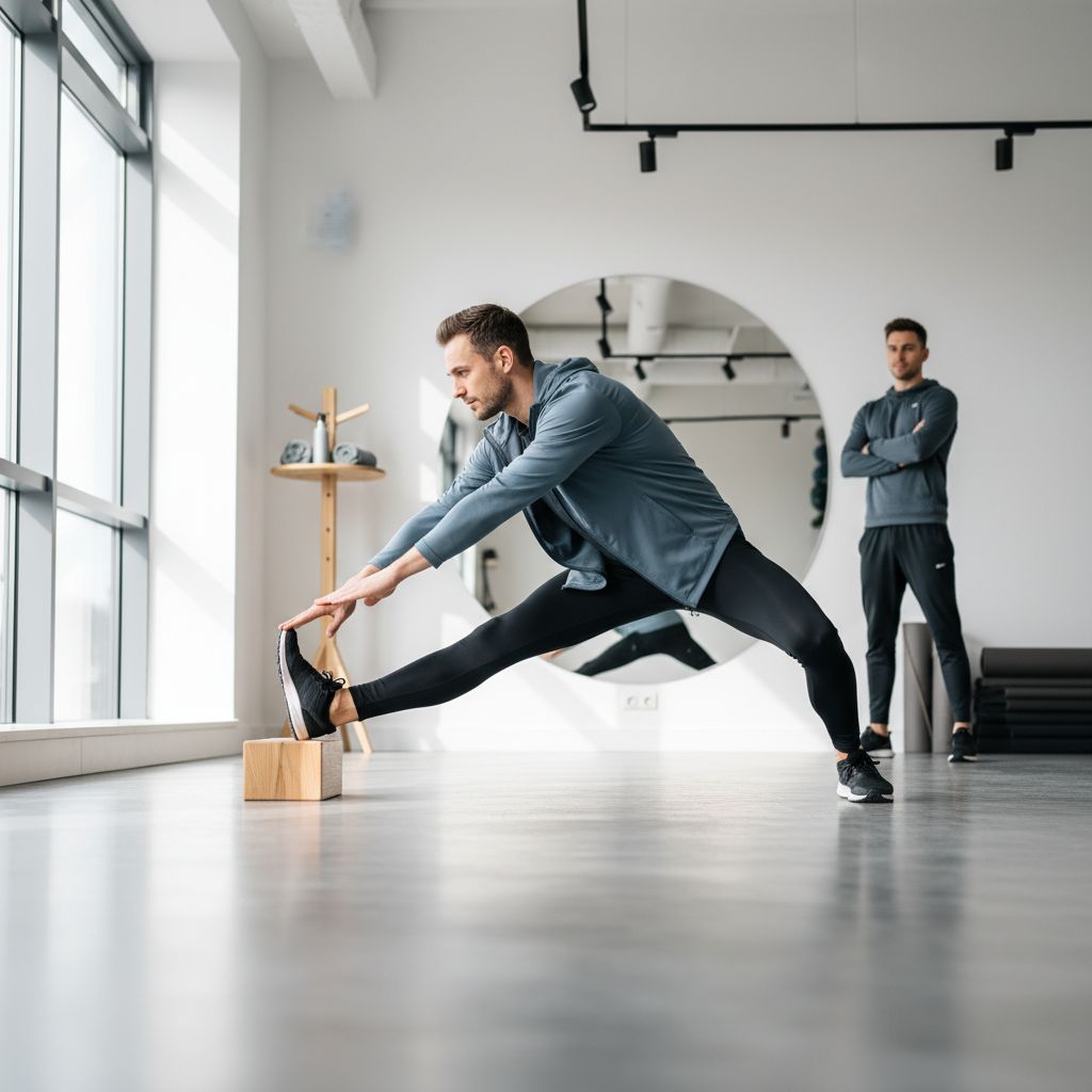 Un homme d'affaires en tenue de sport s'étirant dans une salle de fitness privée et lumineuse, avant une séance de coaching.