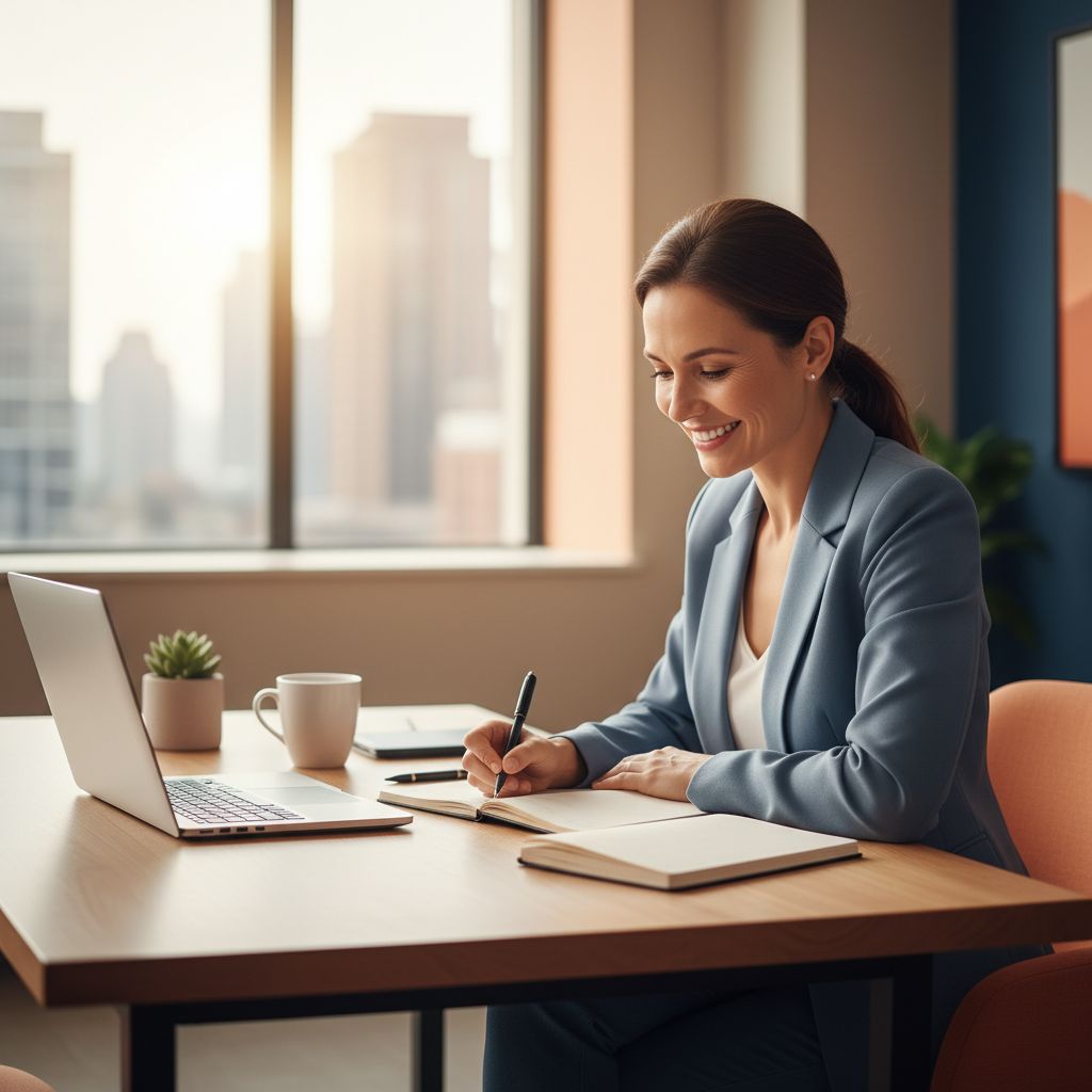 Un professionnel souriant et organisé à son bureau moderne, avec un ordinateur portable et des carnets, planifiant sa journée avec sérénité.