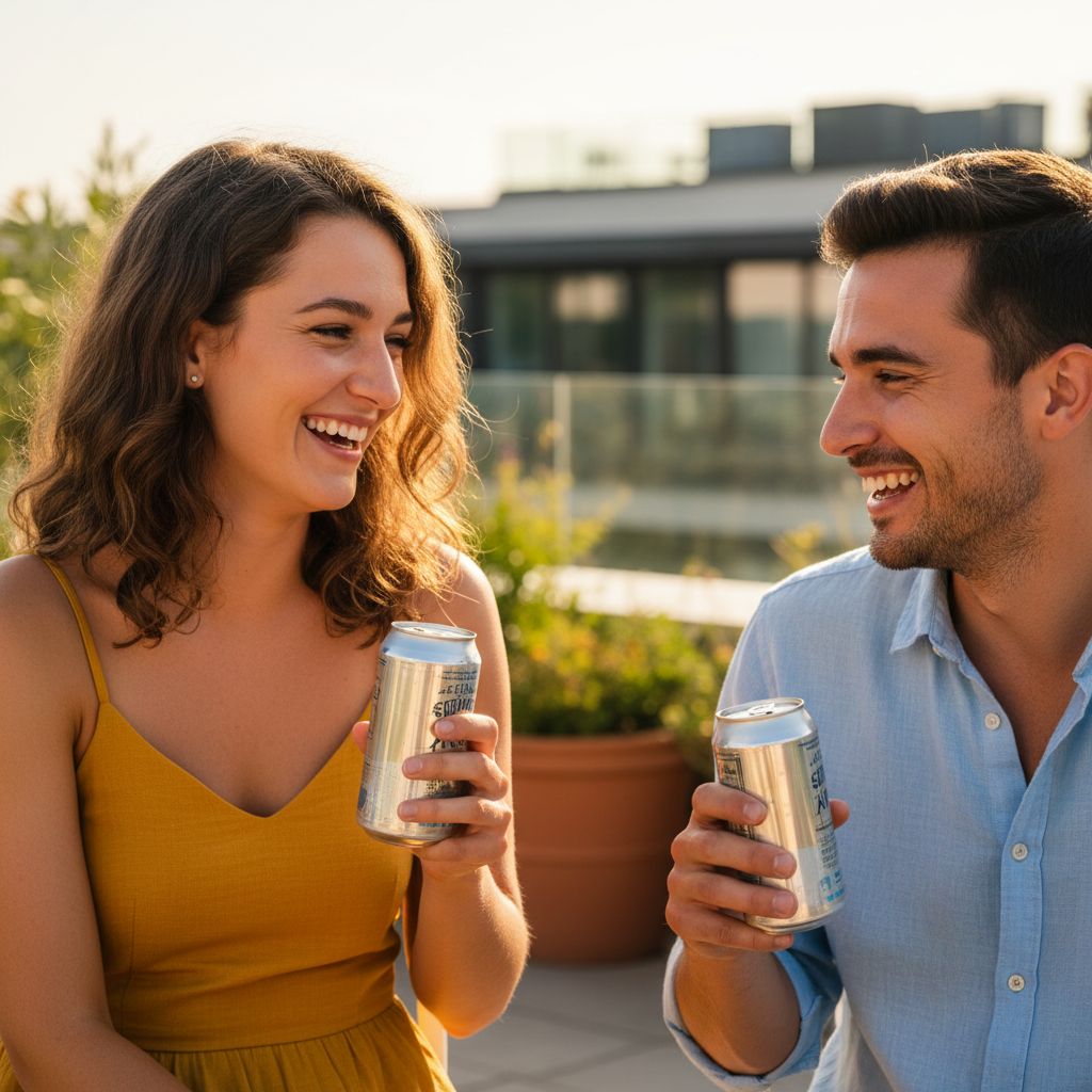 Deux jeunes discutant et riant sur une terrasse ensoleillée, chacun tenant une canette de maté pétillant. Deux jeunes discutant et riant sur une terrasse ensoleillée, chacun tenant une canette de maté pétillant.