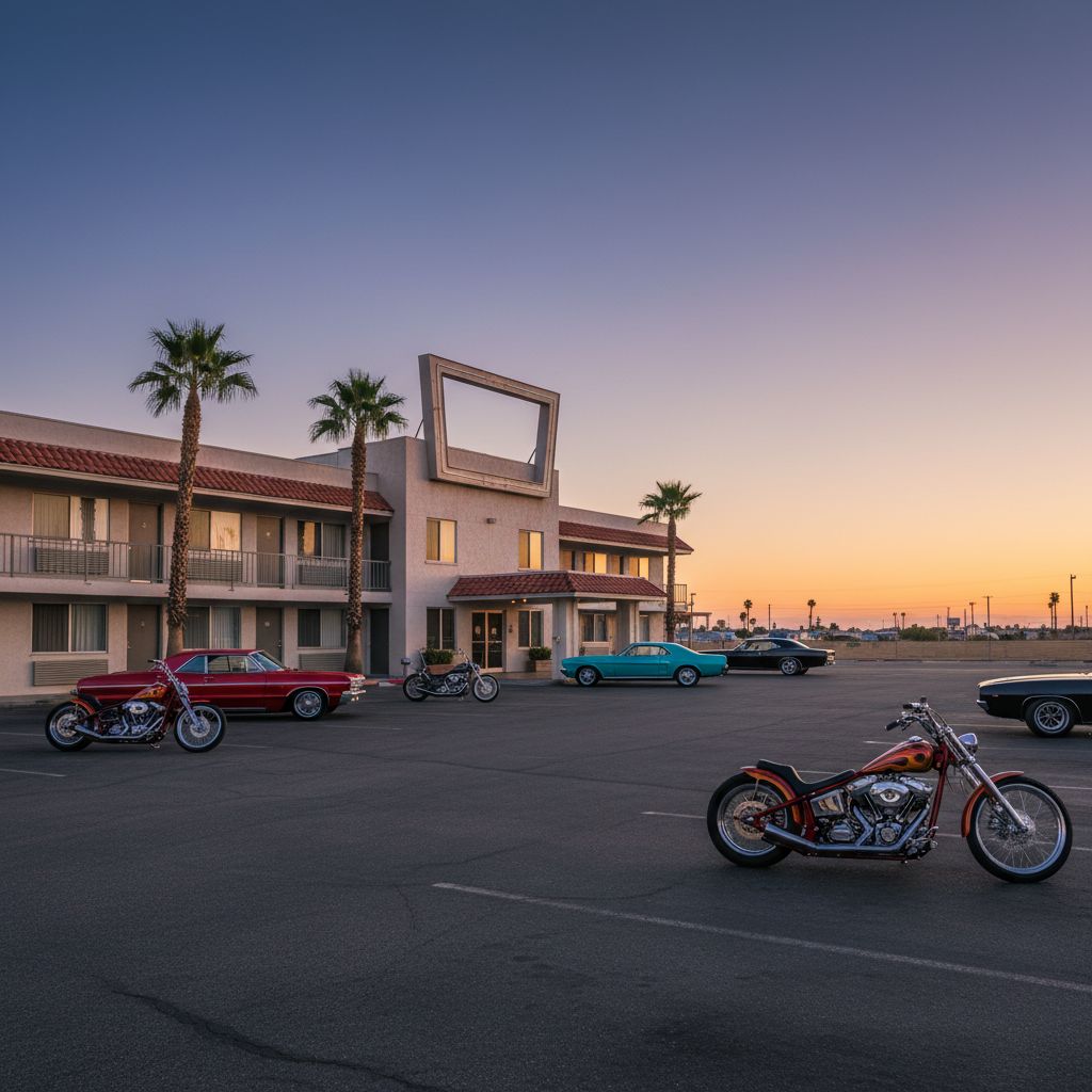 Un parking spacieux devant un motel avec plusieurs motos custom et voitures américaines vintage garées, sous un ciel de fin de journée.