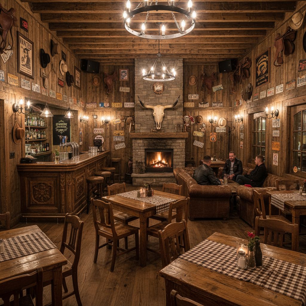 Intérieur chaleureux et rustique du Bonanza Pub avec une décoration de style cowboy, biker et far-west. Des tables en bois, des chaises historiques et une ambiance conviviale sous un éclairage tamisé.