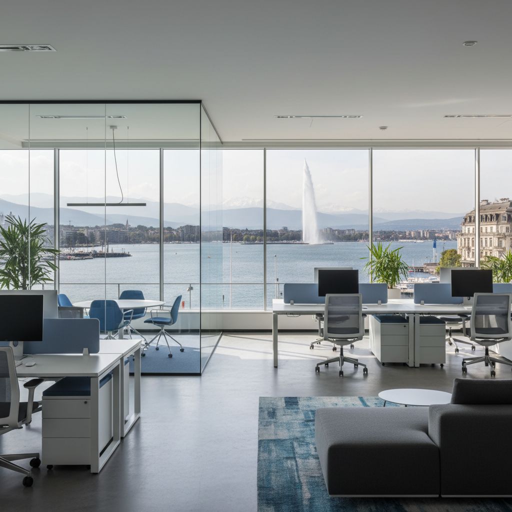 Un bureau moderne et lumineux donnant sur la rade de Genève et son Jet d'Eau, une image qui évoque le professionnalisme et un fort ancrage local.
