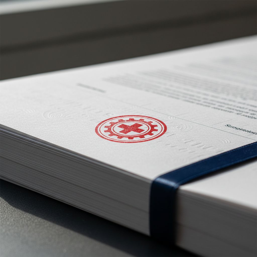 Gros plan sur un tampon officiel suisse et des documents financiers, évoquant la certification, la conformité et le sérieux.