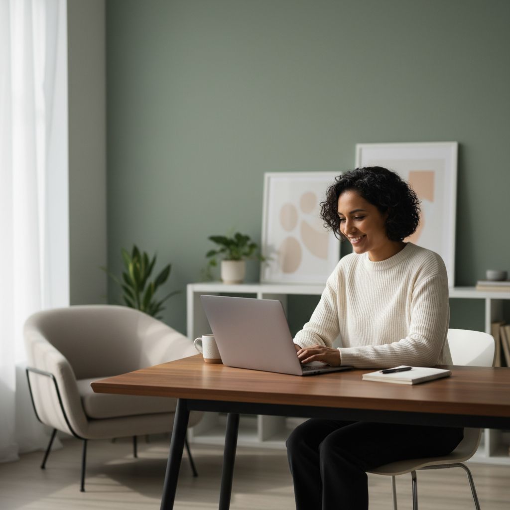 A small business owner smiling while working on a laptop in a cozy, modern office setting, representing productivity and success.