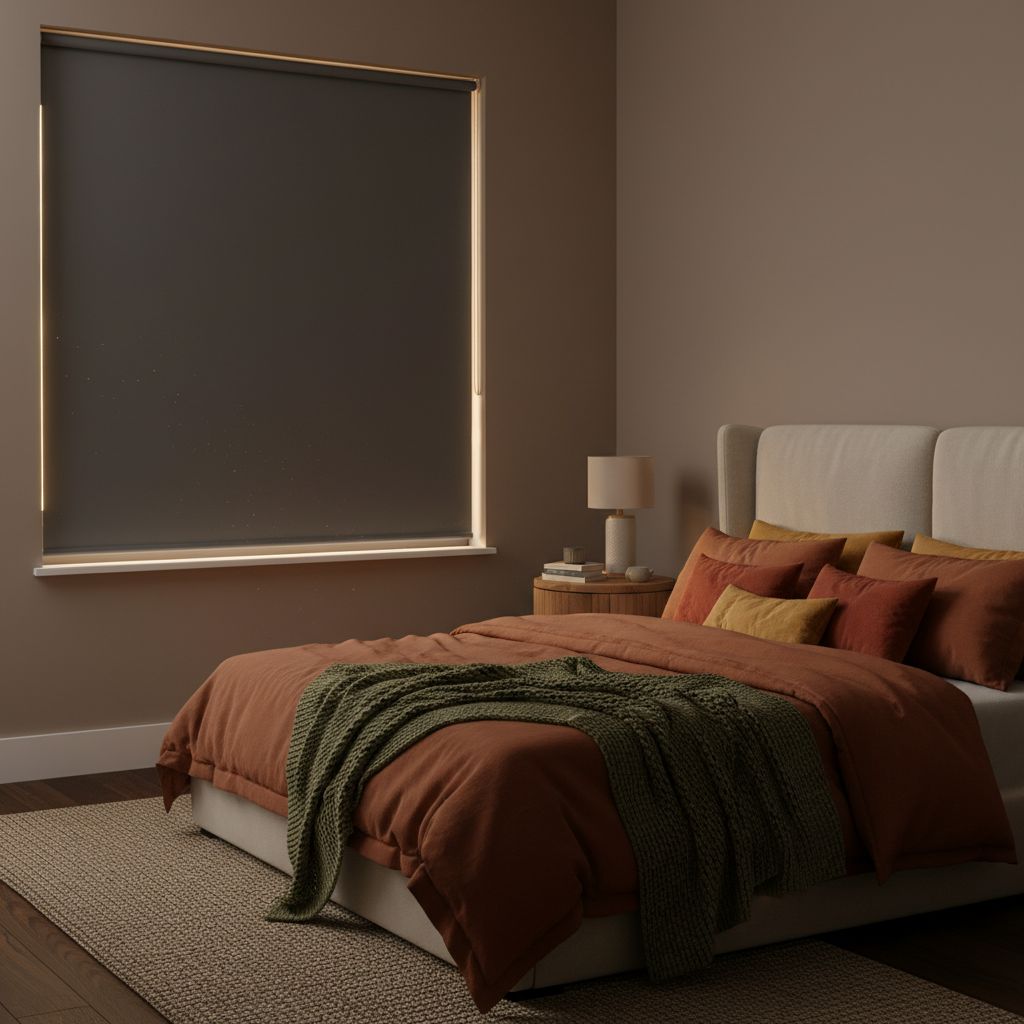 Une chambre à coucher moderne et confortable, plongée dans une obscurité presque totale grâce à un store enrouleur occultant parfaitement ajusté, avec une légère lueur filtrant pour montrer son efficacité.