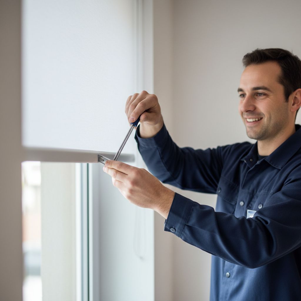 Un installateur professionnel de Nikostores.ch, souriant et en uniforme, effectuant une installation précise d'un store intérieur, démontrant son savoir-faire.