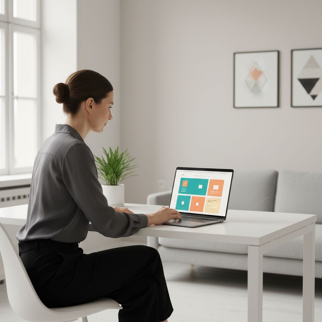 A focused entrepreneur sitting in a minimalist, modern office, looking thoughtfully at a laptop displaying a vibrant website design in progress.