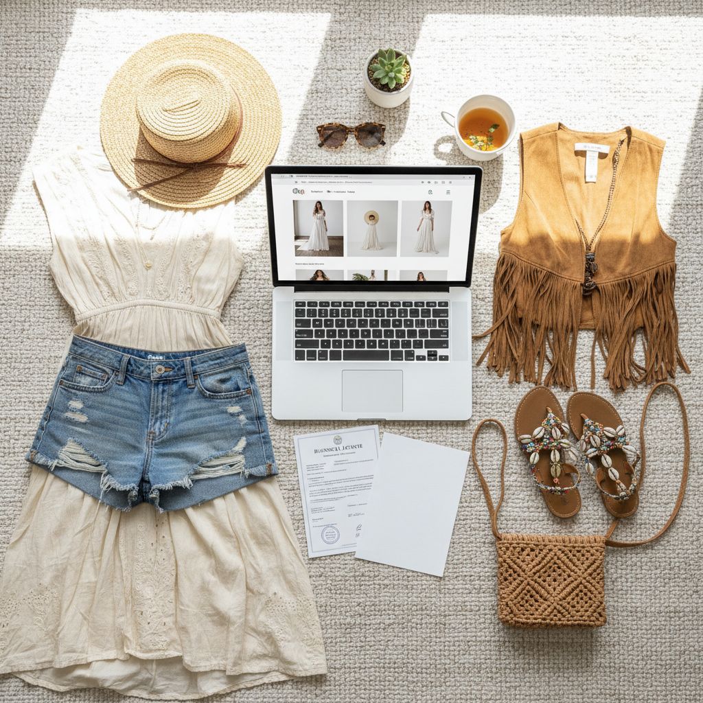 Une composition à plat de vêtements bohèmes californiens à côté d'un ordinateur portable affichant une boutique en ligne, et des documents commerciaux comme une licence.