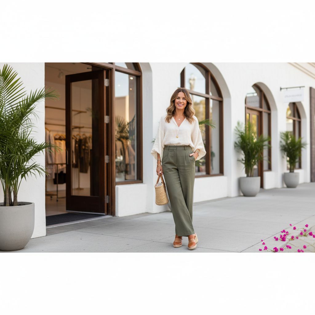 Une femme entrepreneure élégante portant une tenue de style californien, souriant devant sa boutique de mode.