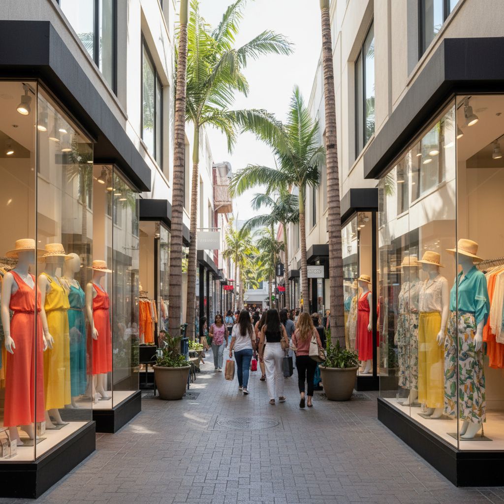 Une allée animée du Fashion District de Los Angeles, avec des boutiques de mode et des mannequins présentant des vêtements de style californien.