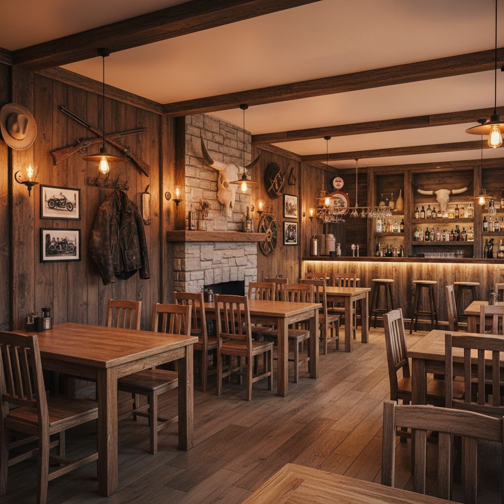 Intérieur chaleureux du Bonanza Pub avec sa décoration style Far West et biker, montrant des tables en bois et un éclairage tamisé.