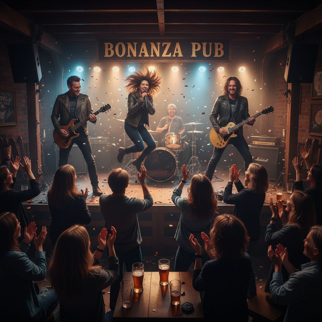 Un groupe de rock local en pleine performance sur la scène du Bonanza Pub, avec une foule enthousiaste en arrière-plan.