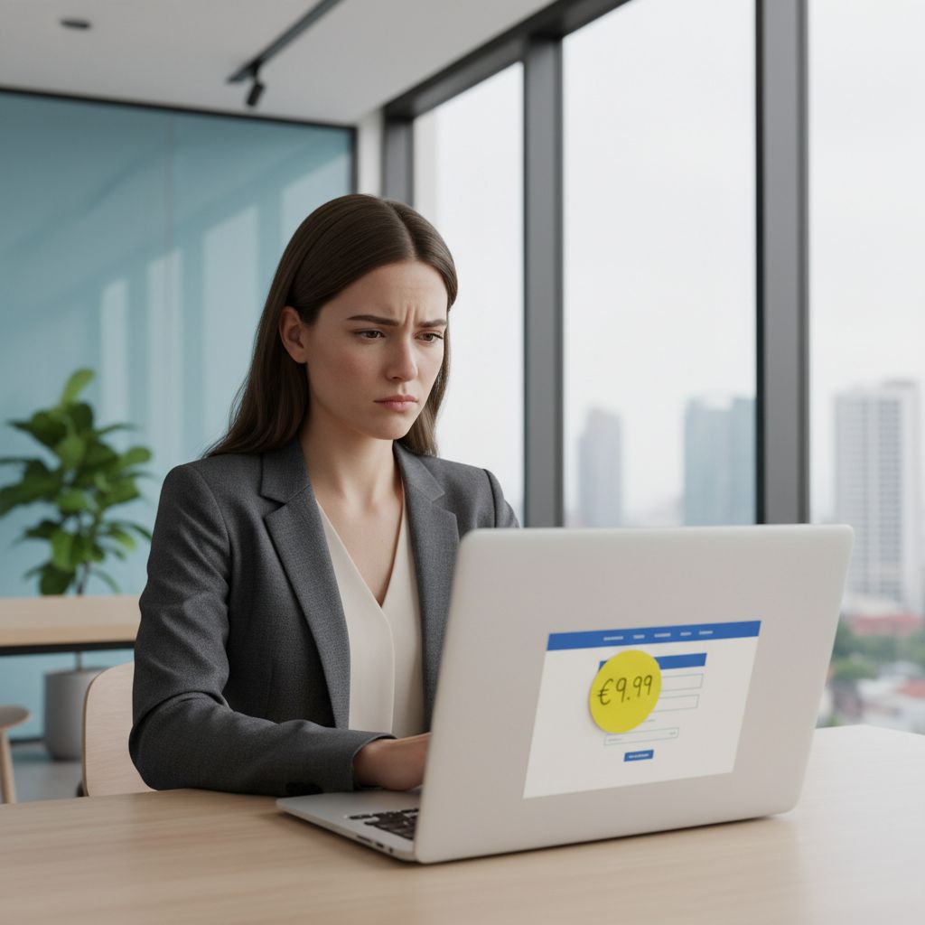 Une entrepreneuse regarde avec scepticisme une étiquette de prix très bas collée sur l