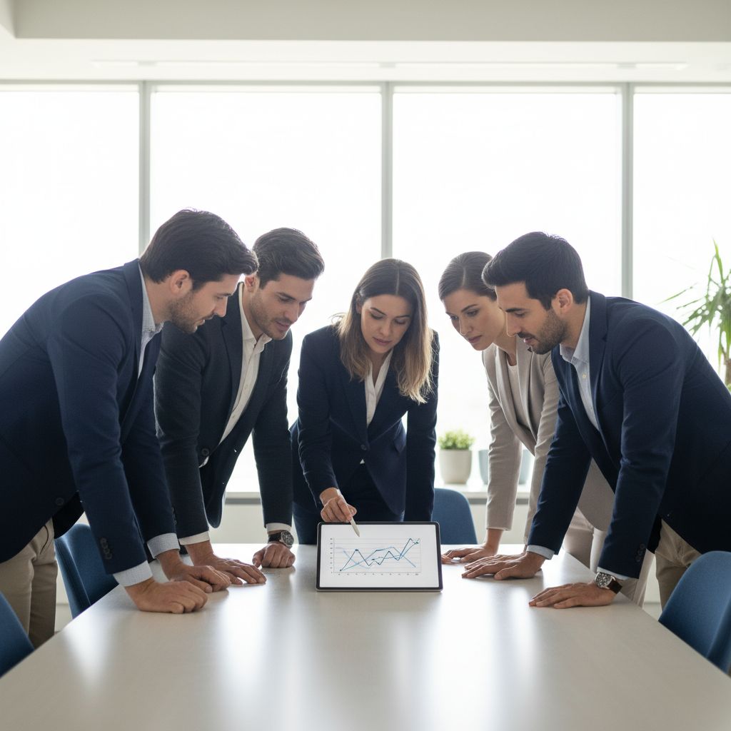 Une équipe de professionnels en réunion dans un bureau moderne et lumineux, discutant de stratégies autour d'une tablette.
