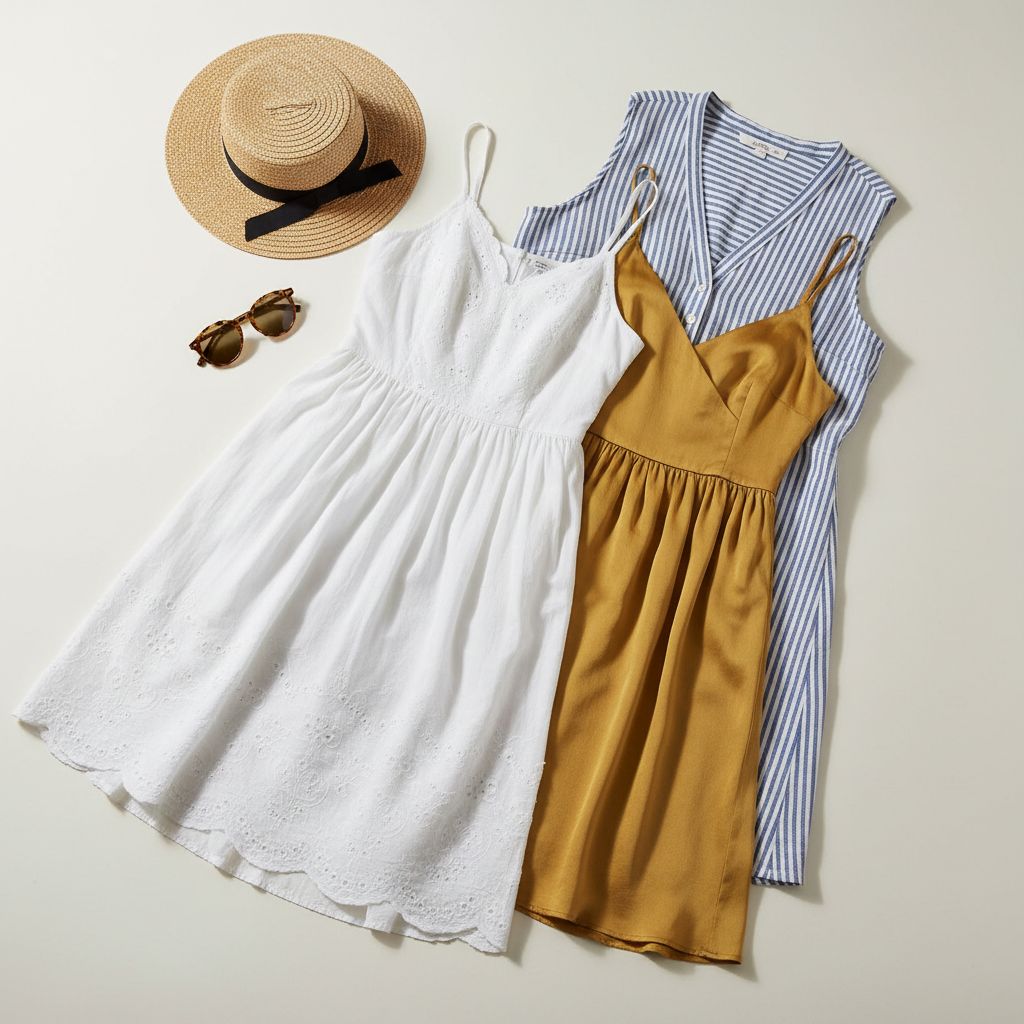 Un assortiment de robes décontractées californiennes en coton, lin et soie, disposées à plat avec des accessoires comme un chapeau de paille et des lunettes de soleil.