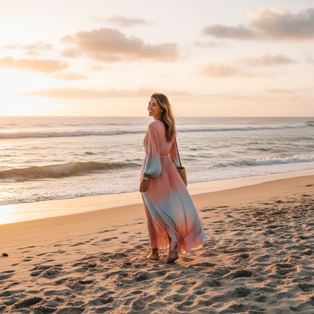 Une femme souriante portant une robe longue et fluide de style californien, marchant sur une plage de sable au coucher du soleil.