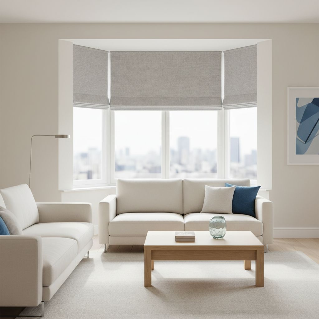 Un store enrouleur intérieur sur mesure parfaitement ajusté sur une grande baie vitrée dans un salon moderne et lumineux.