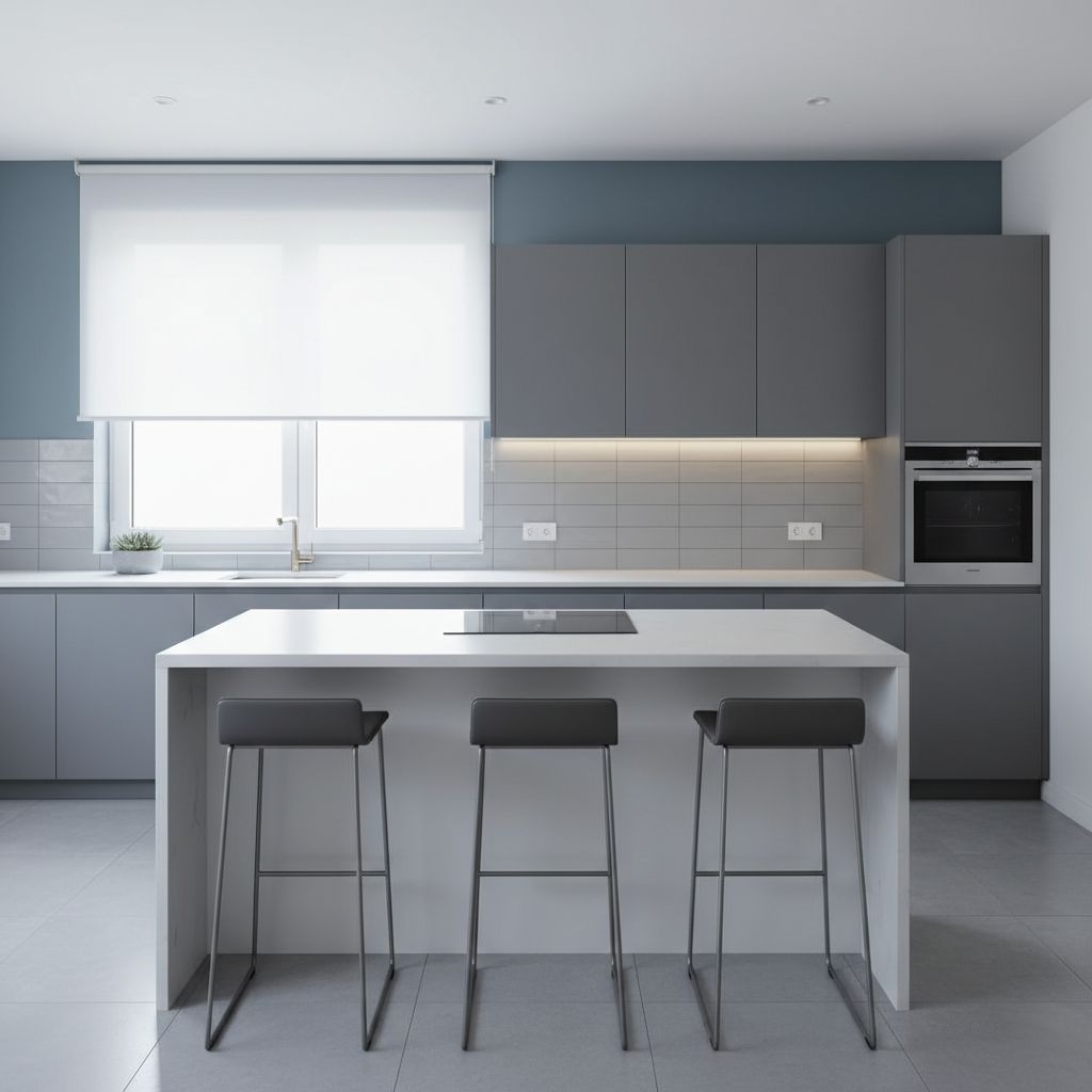 Dans cette cuisine moderne, le store enrouleur tamisant crée une bulle d'intimité sans bloquer la douce lumière du jour.