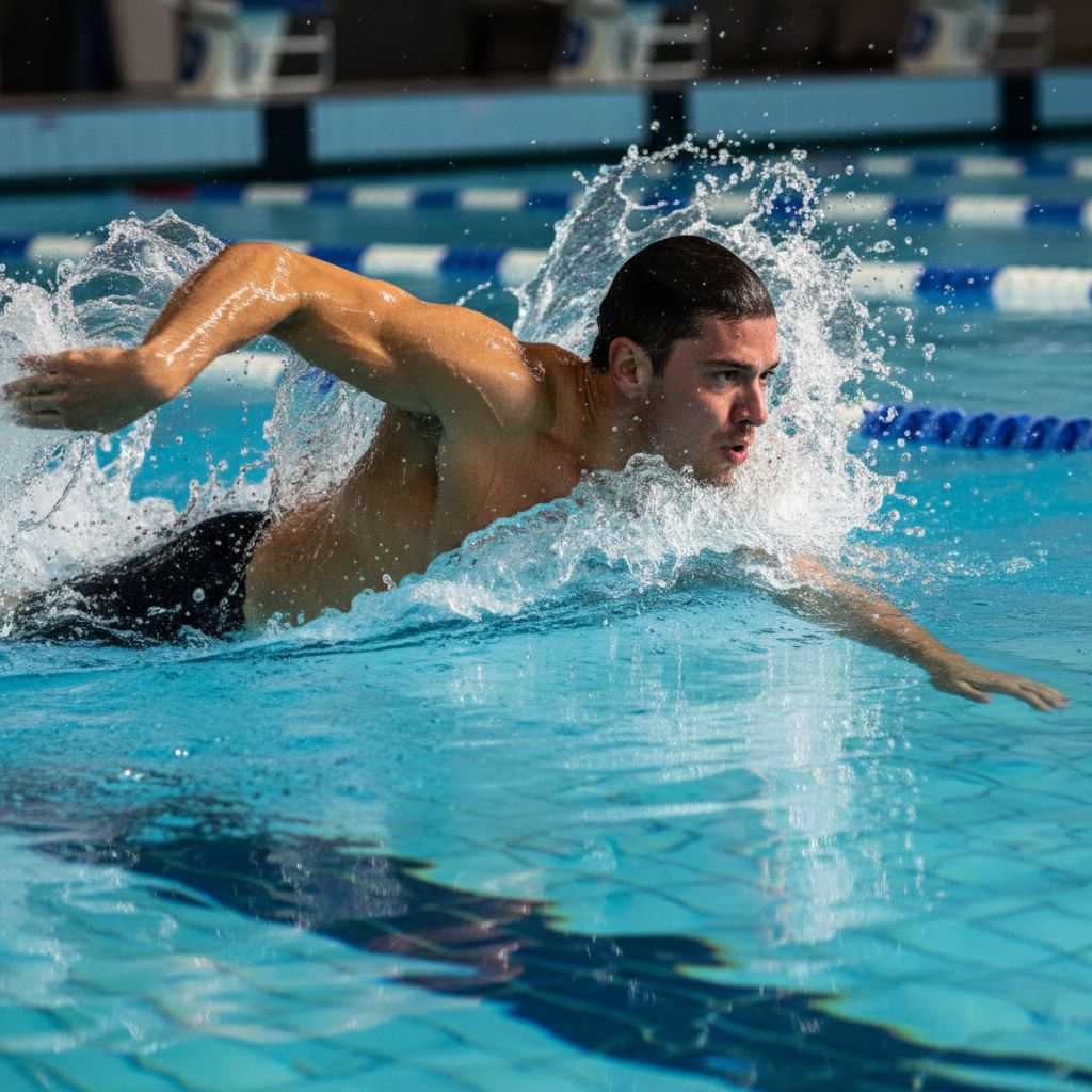Un nageur professionnel en pleine action dans une piscine olympique, capturé en gros plan avec des éclaboussures d'eau.