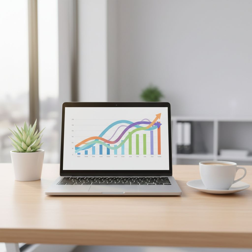 Un bureau moderne avec un ordinateur portable affichant des graphiques de croissance, une plante et une tasse de café, symbolisant la planification d'une stratégie marketing SaaS.