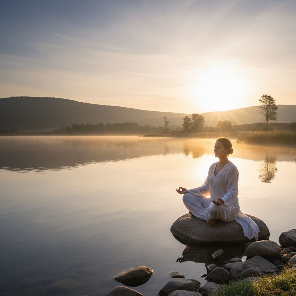Personne méditant sereinement au bord d'un lac apaisant au lever du soleil, évoquant la tranquillité de Saint-Blaise.