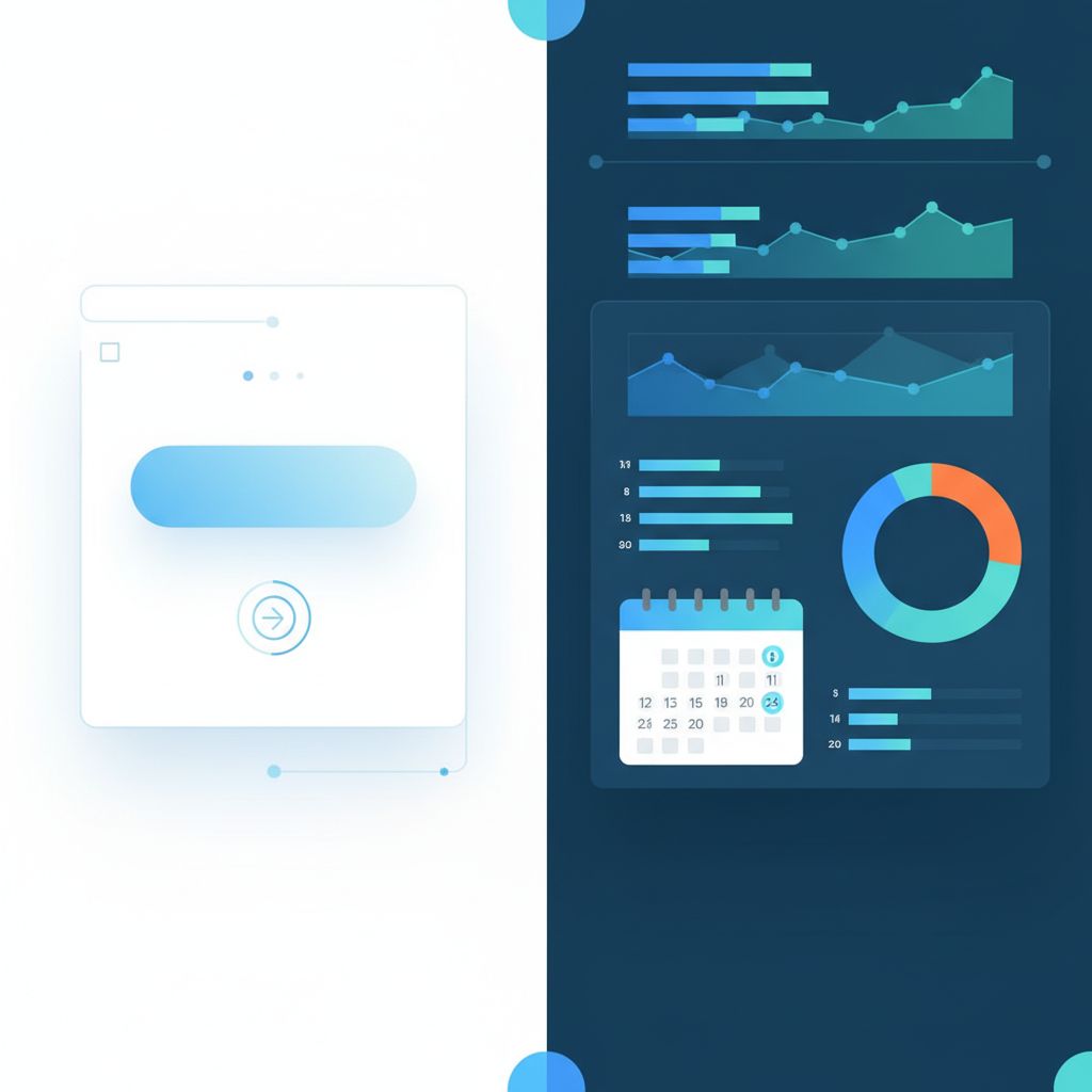 A cool split screen showing a simple 'one-click' button versus a detailed dashboard with graphs and calendars, perfectly illustrating the difference between Article Forge's simplicity and Robot Speed's strategic depth.