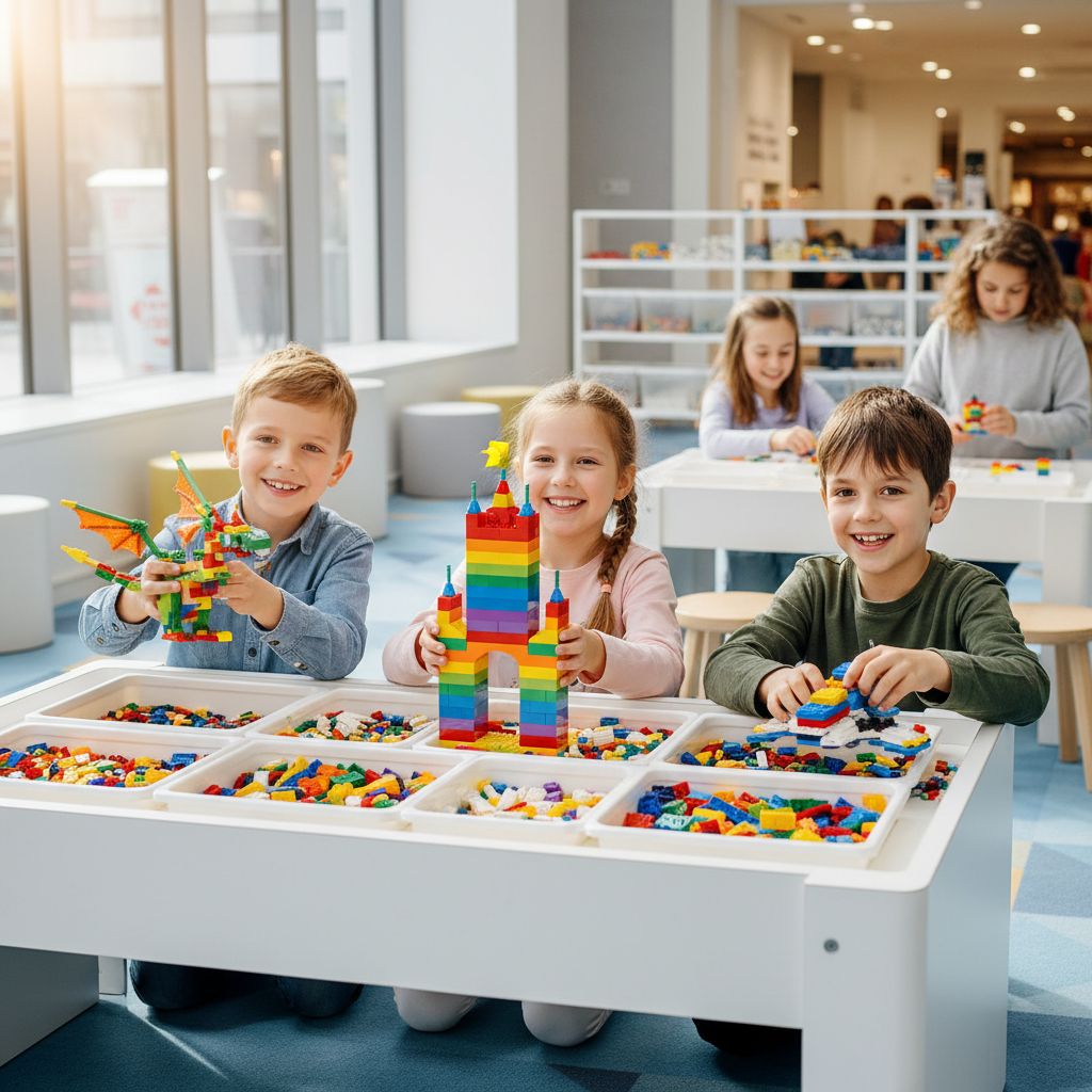 Des enfants joyeux construisant des créations colorées dans un espace de jeu LEGO® lumineux et bien organisé à l'intérieur d'un centre commercial.