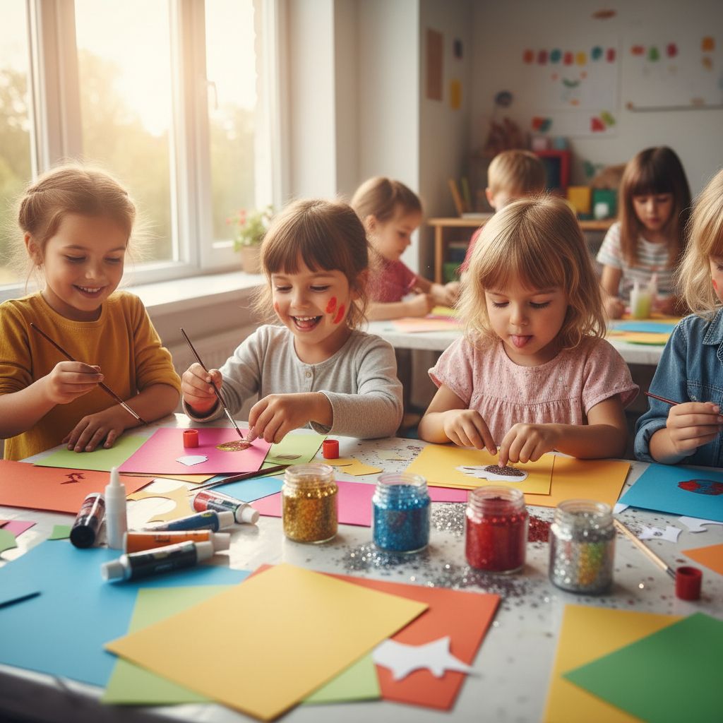 Un groupe d'enfants concentrés et souriants participant à un atelier d'art et de bricolage, entourés de peintures, de papiers colorés et de paillettes.