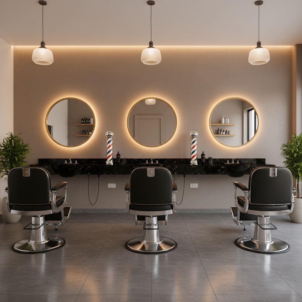 Intérieur chic d'un salon de coiffure moderne avec des postes de barbier élégants, des fauteuils en cuir noir et un éclairage d'ambiance chaleureux.