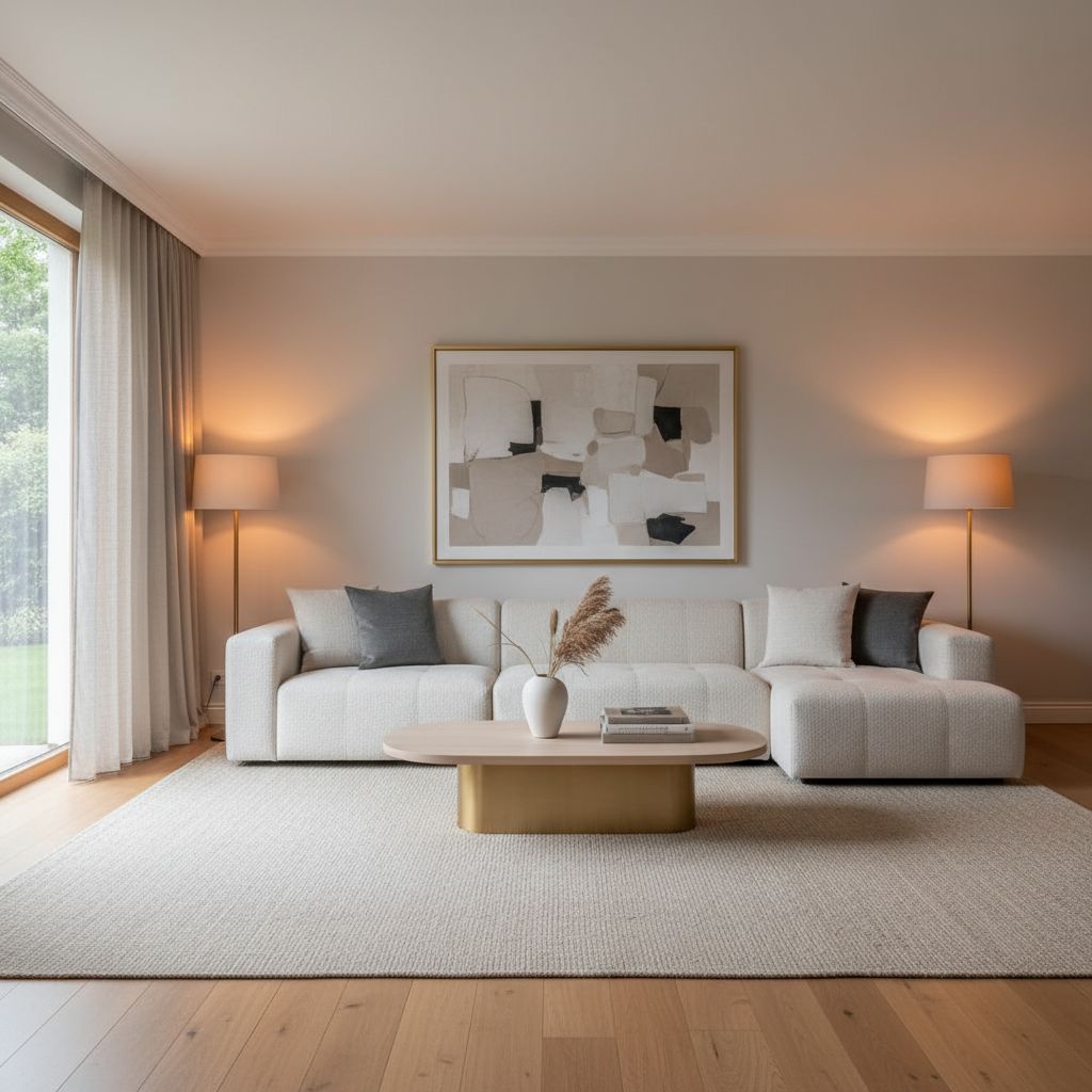 Un salon moderne et élégant, où un grand canapé invite à la détente, avec une table basse design et des touches décoratives choisies avec soin : l'exemple parfait d'un intérieur bien conçu.