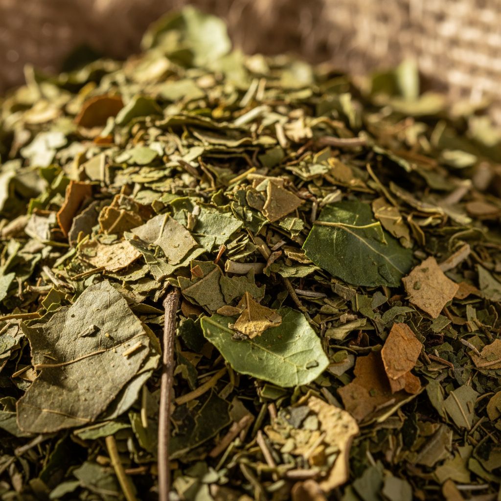 Un gros plan sur des feuilles de yerba maté séchées et brutes, mettant en avant l'origine naturelle de la boisson.