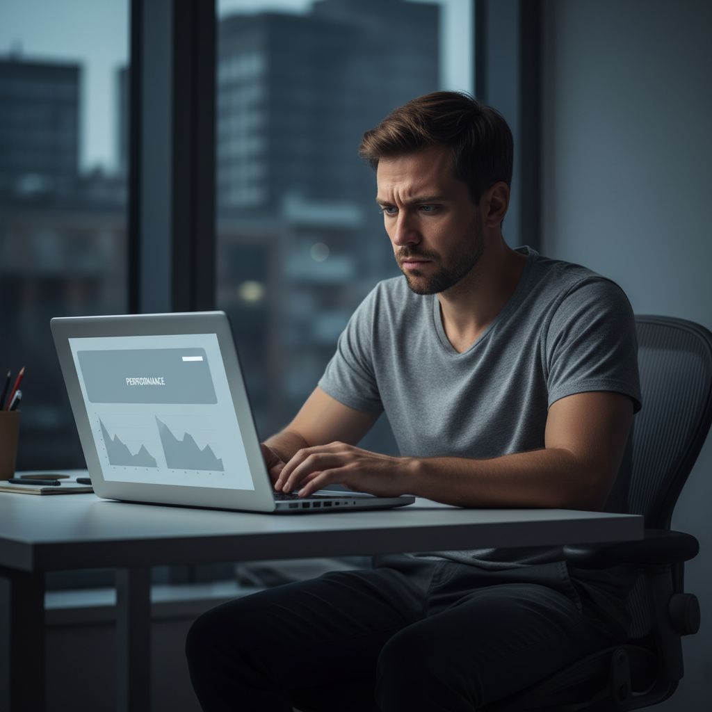 Un entrepreneur déçu regarde un site web générique et peu performant sur son ordinateur portable dans un bureau faiblement éclairé.