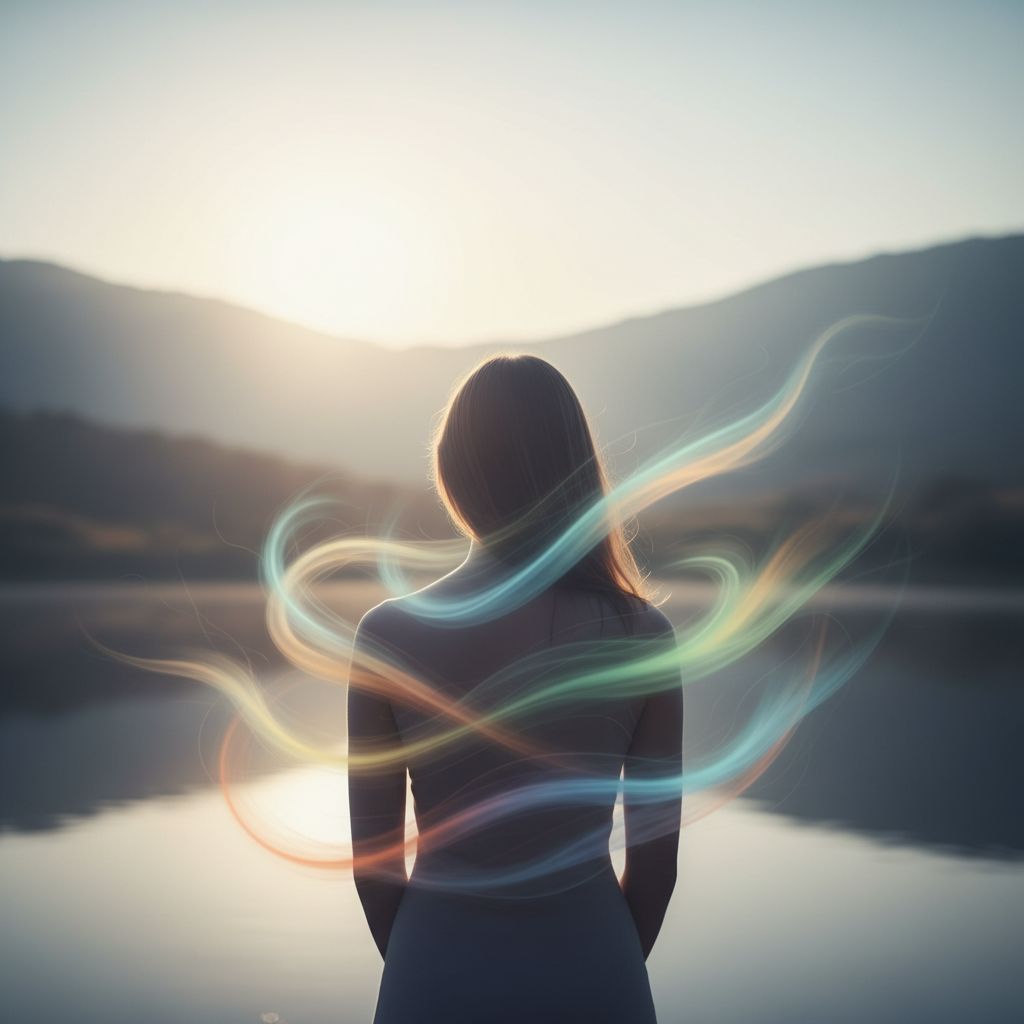 Une image à la fois conceptuelle et très sereine : la silhouette d'une personne traversée par des flux d'énergie colorée, tout en douceur. Ça doit vraiment symboliser la libération des émotions et le retour à l'harmonie entre le corps et l'esprit.
