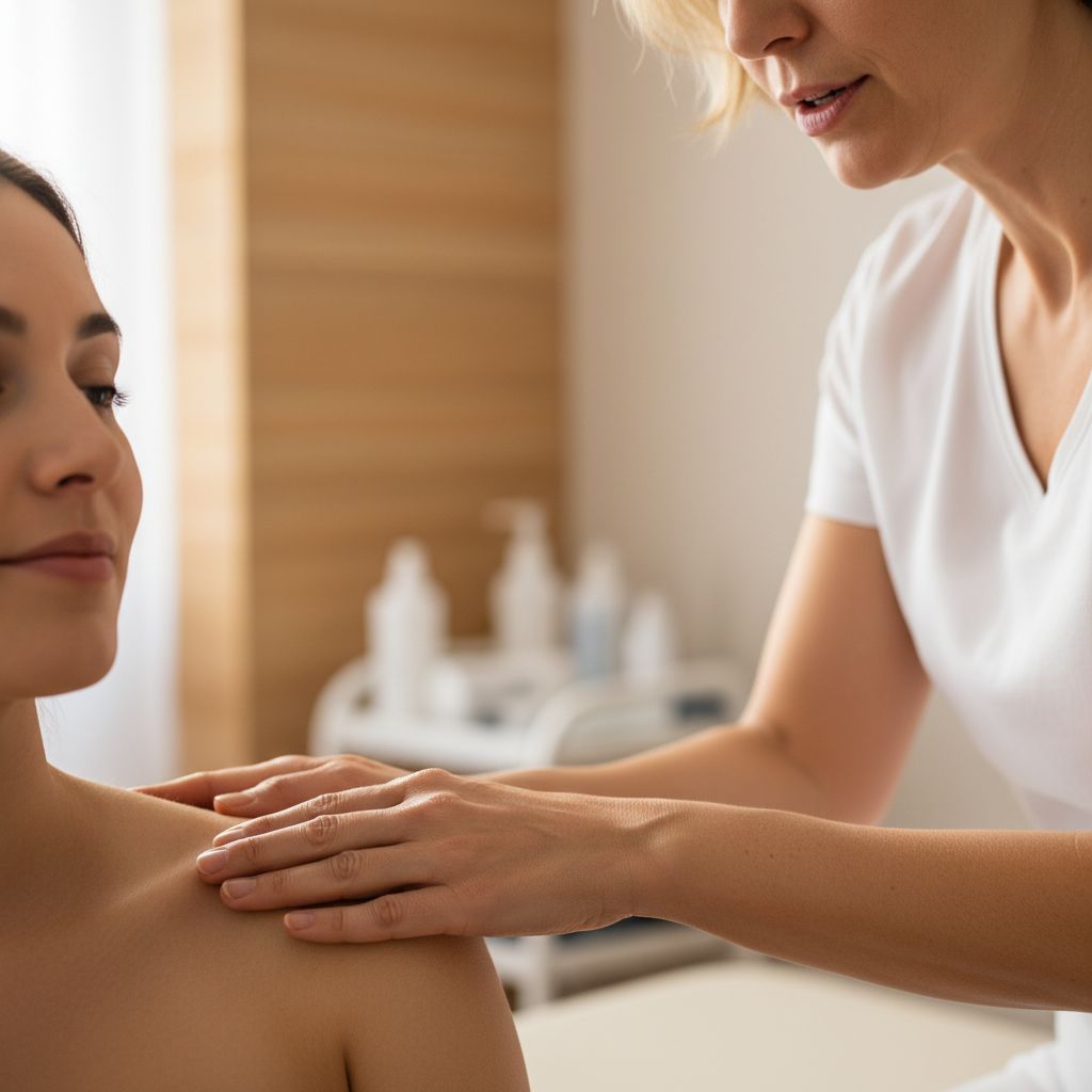 Les mains bienveillantes d'un ostéopathe posées délicatement sur l'épaule d'un patient, dans une ambiance de cabinet chaleureuse et apaisante. L'image transmet la confiance, l'écoute et le soin.