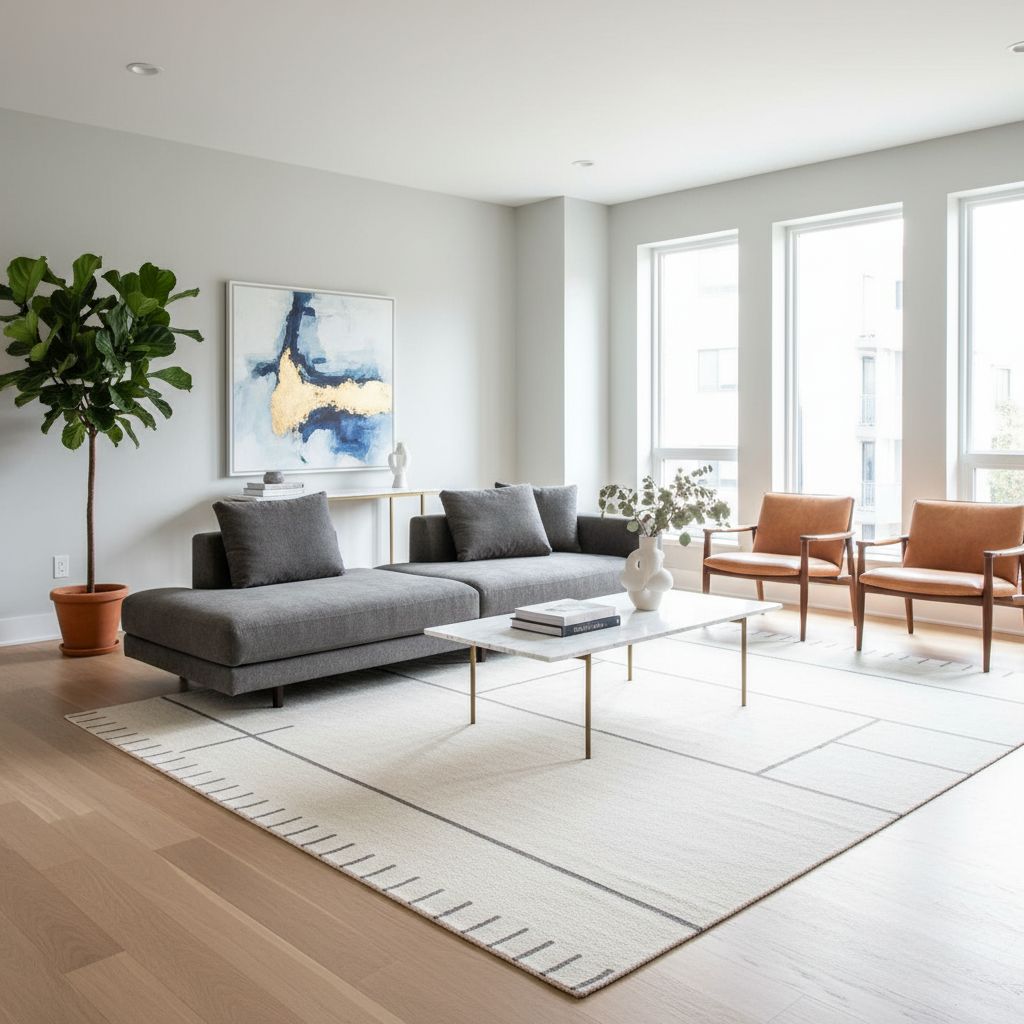 Un salon moderne et lumineux avec des murs fraîchement peints dans une teinte de gris clair, mettant en valeur un mobilier design et un parquet en bois. La lumière naturelle inonde la pièce.