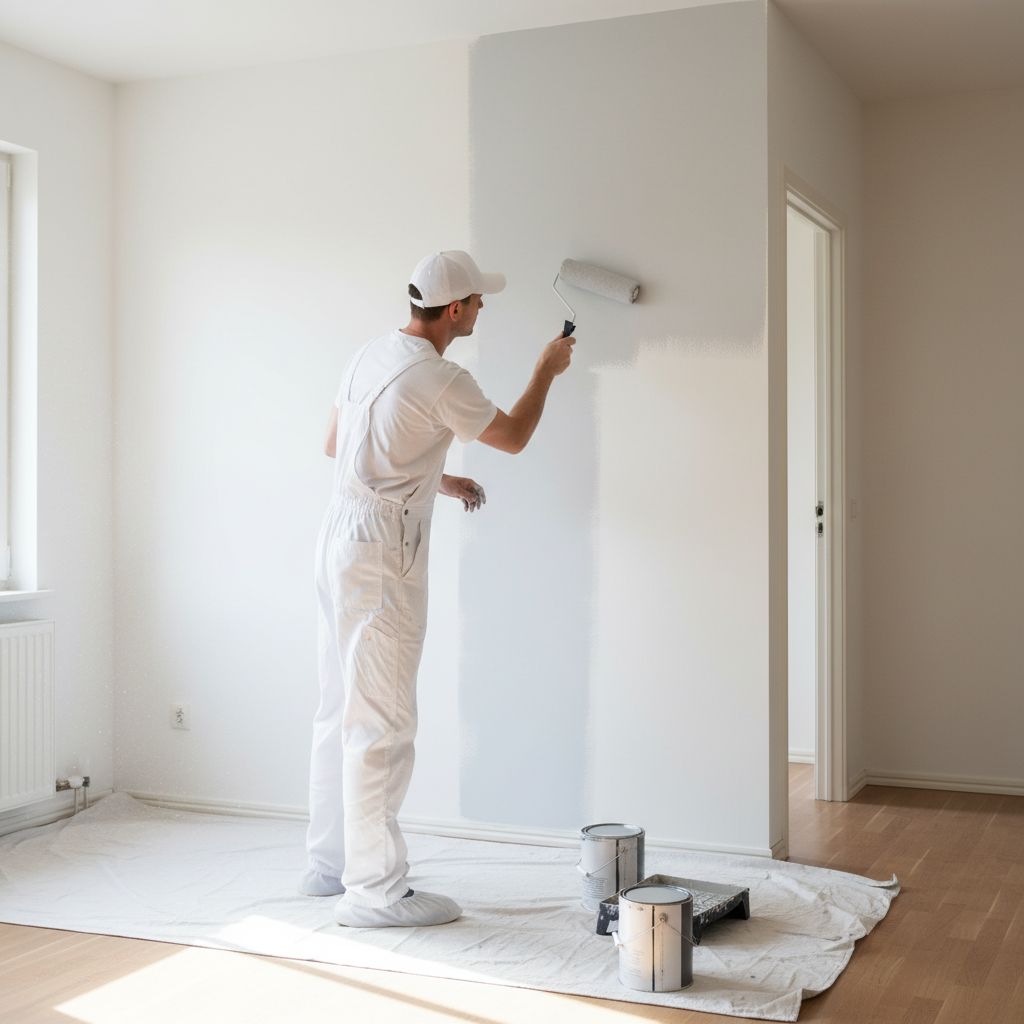 Un peintre professionnel en tenue de travail blanche applique méticuleusement de la peinture sur un mur avec un rouleau. L'accent est mis sur la précision et la propreté du geste.