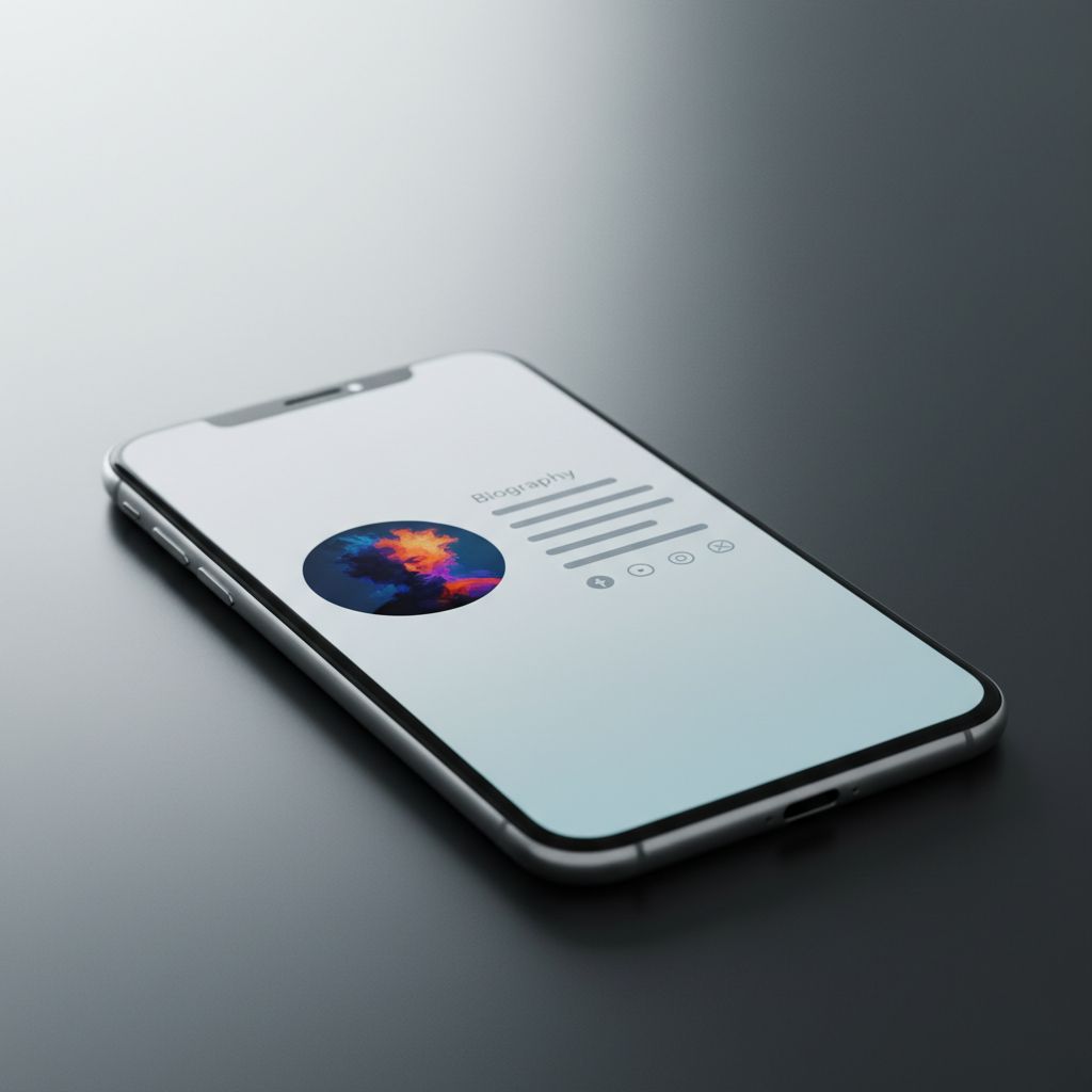 A close-up shot of a smartphone screen showing off a sleek, well-designed artist profile page with a vibrant profile pic, a short bio, and links to social media.