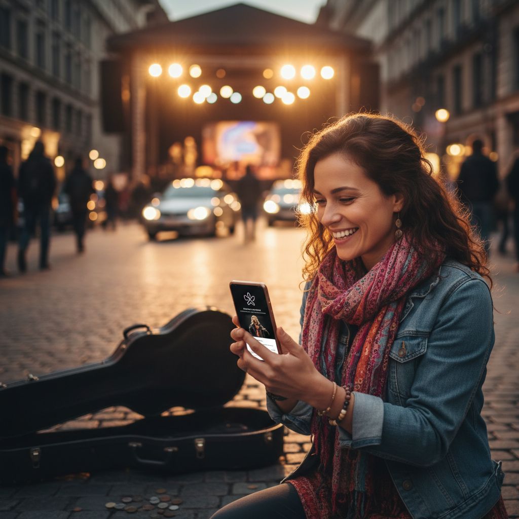 A street musician is all smiles looking at her artist profile page on her phone, with a blurred city background giving off a cool, live performance vibe.