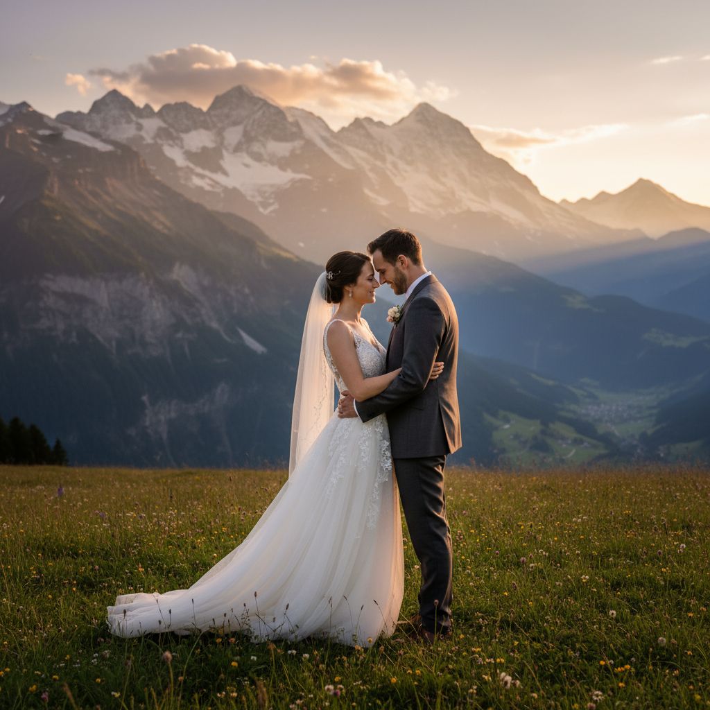 Un couple de mariés s'embrassant tendrement dans un paysage montagneux suisse, le soleil couchant créant une atmosphère douce et romantique.