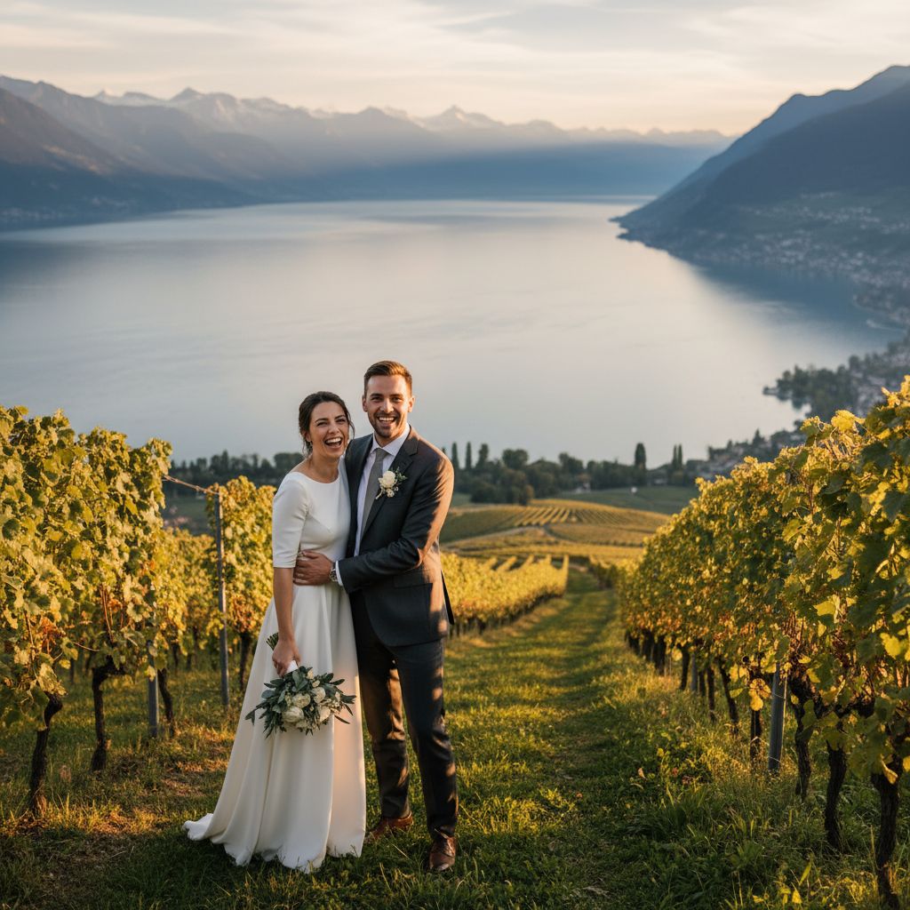 Couple de mariés souriant dans les vignobles de Lavaux avec le lac Léman en arrière-plan, style cinématographique.