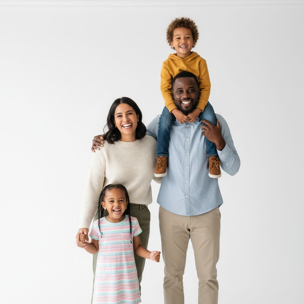 Une famille souriante et détendue posant sur un fond blanc épuré dans un studio photo lumineux.