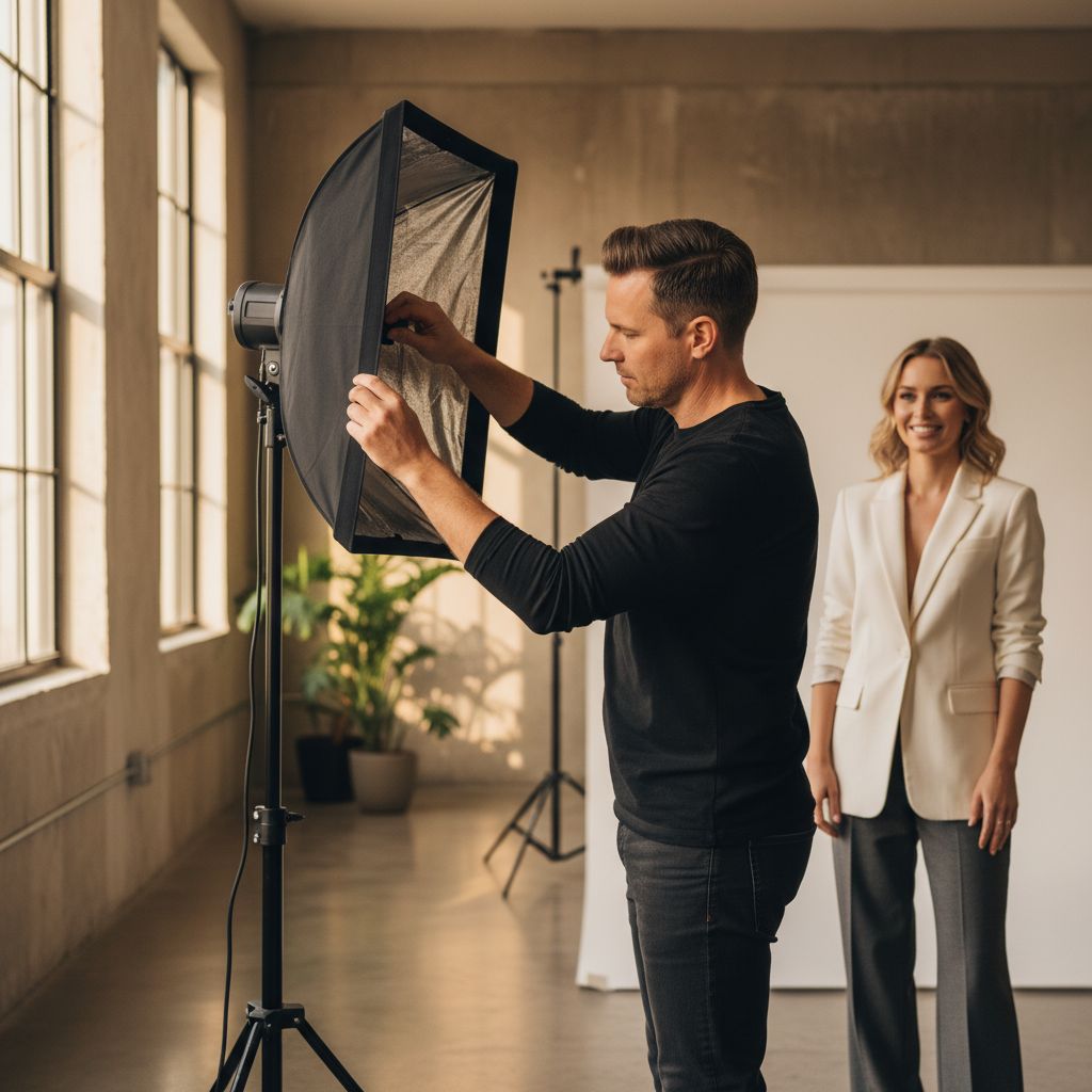 Un photographe professionnel ajustant l'éclairage dans un studio moderne pour un shooting de portrait, avec un modèle souriant en arrière-plan.