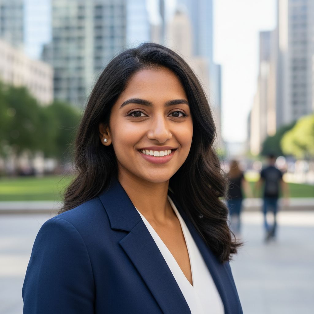 Portrait professionnel d'un jeune entrepreneur souriant, pris en extérieur avec un arrière-plan urbain flouté.