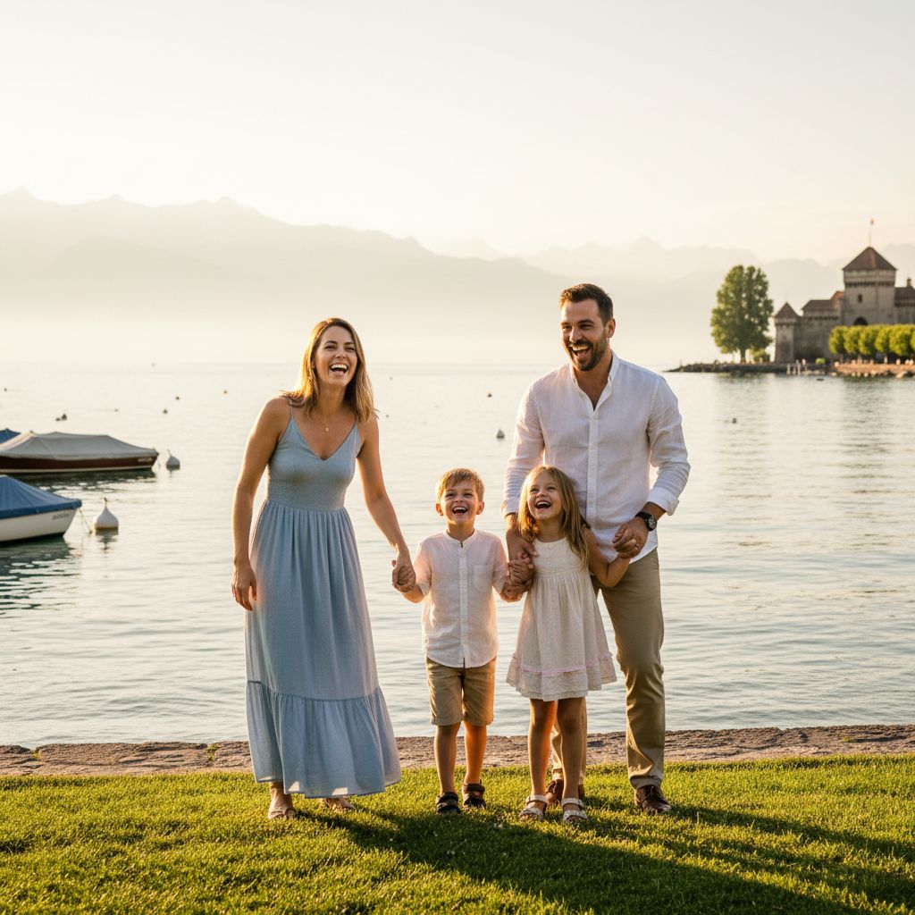 Une séance photo de famille au bord du lac Léman à Morges, avec un couple et leurs deux enfants riant sous la lumière dorée du soir.