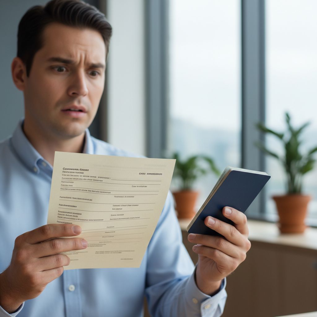 Une personne assise dans un bureau, regardant avec un air de légère panique un formulaire officiel et un passeport, illustrant l'urgence de devoir obtenir une photo d'identité conforme.